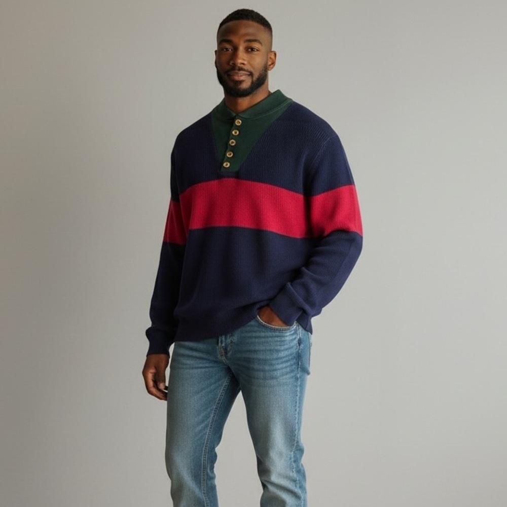 Vintage 80s 90s Lands’ End Colorblock‎ Henley Sweater USA Made XL